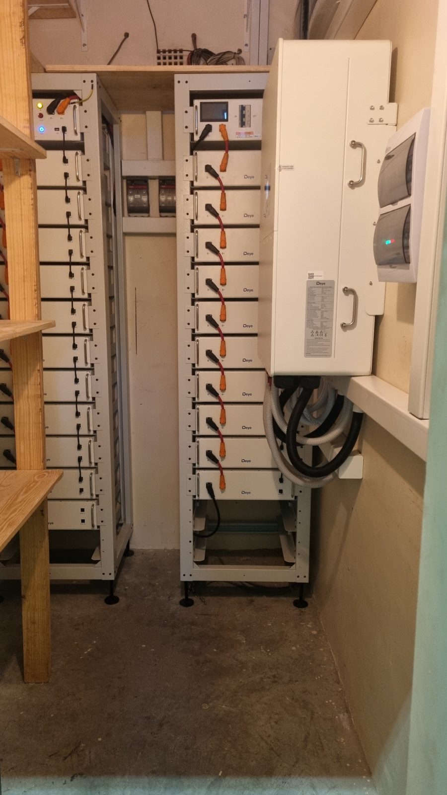Deye inverter and high voltage battery racks in the plant room
