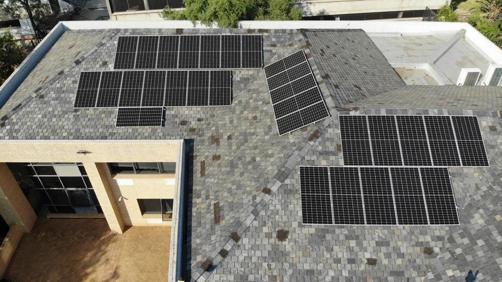 Aerial view of solar panels on the Metix roof in Rivonia