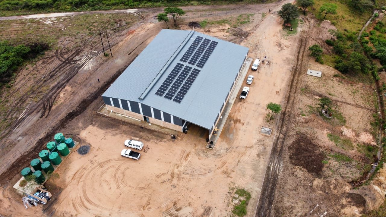 Aerial view of the Star Pops factory roof with the solar array, near Louis Trichardt